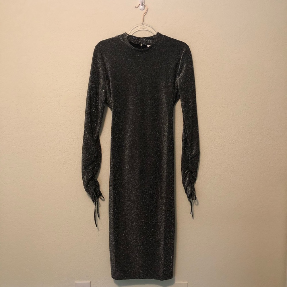 TopShop Dress Midi Sparkly Open Back Ruched Sleeves Silver New NWT 12